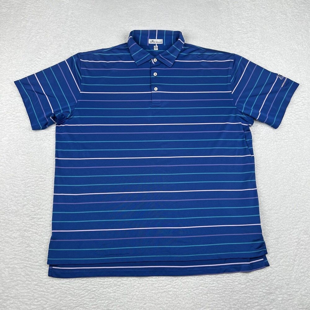 Peter Millar Shirt Mens XL Blue Striped Crown‎ Polo Golf Stretch Short Sleeve